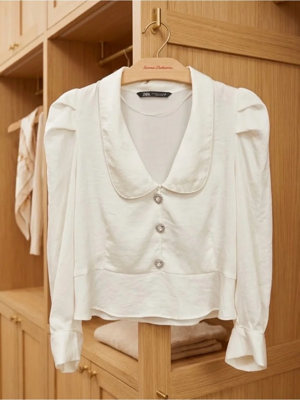 Zara White Puff Sleeve Blouse with Rhinestone Buttons - Size L